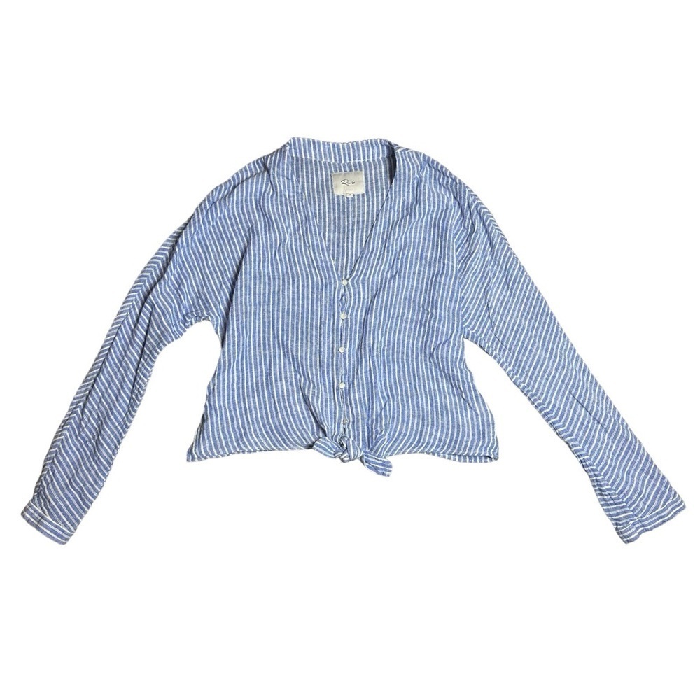 Rails Sloane Linen Blend Top Medium Blue Button Up Striped Front Tie Blouse - Picture 2 of 12